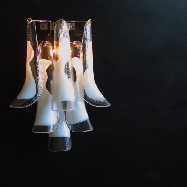Pair of Murano Wall Lights - Mazzega with 6 white lattimo glass petals