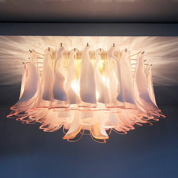 Murano ceiling lamp with 64 pink lattimo glass petals