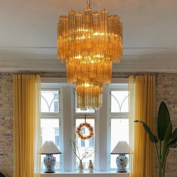 Large three-Tier Venini Murano Glass Tube Chandelier - 48 glasses clear amber