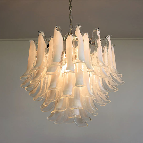 Murano chandelier - Mazzega with 53 transparent lattimo glass petals