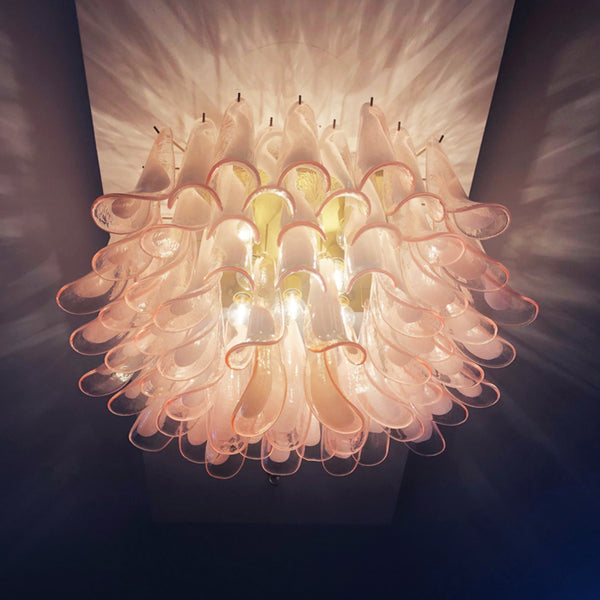 Murano ceiling lamp with 64 pink lattimo glass petals