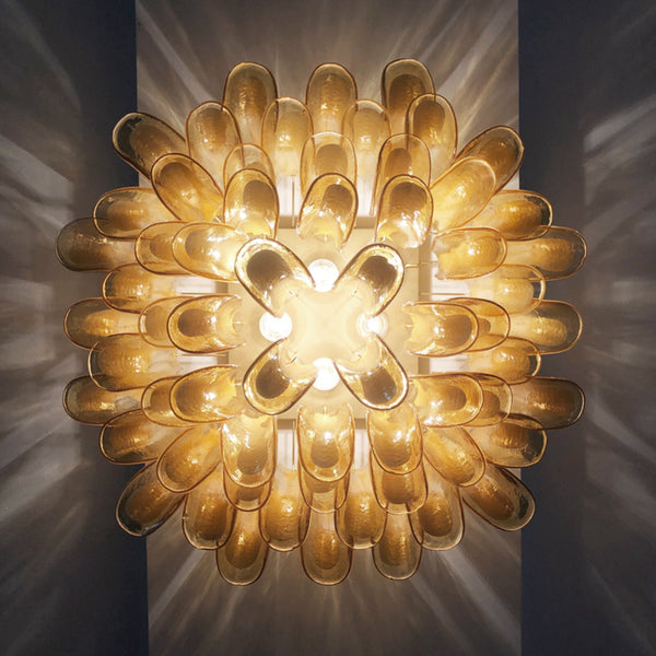 Murano ceiling lamp with 64 caramel lattimo glass petals