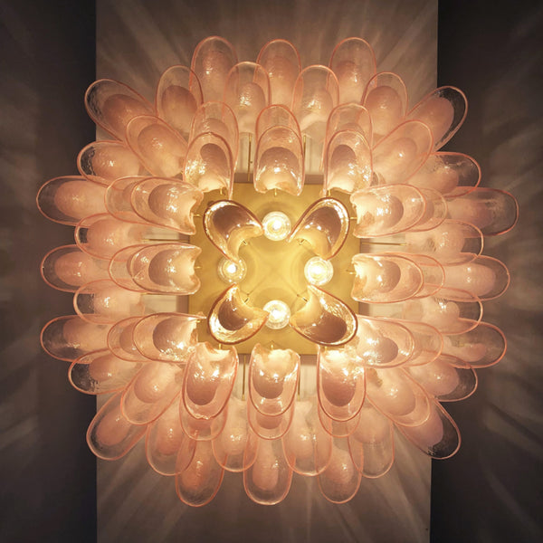 Murano ceiling lamp with 64 pink lattimo glass petals