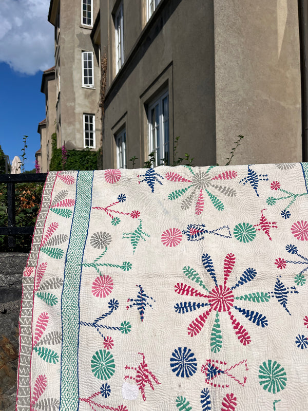 Vintage Kantha tekstil grønn & rosa