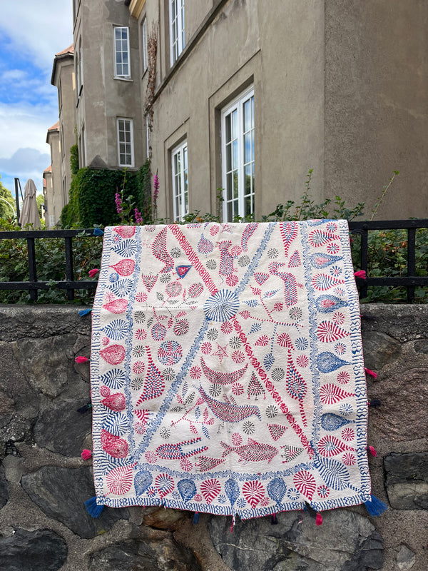 Vintage Kantha tekstil blå & rosa