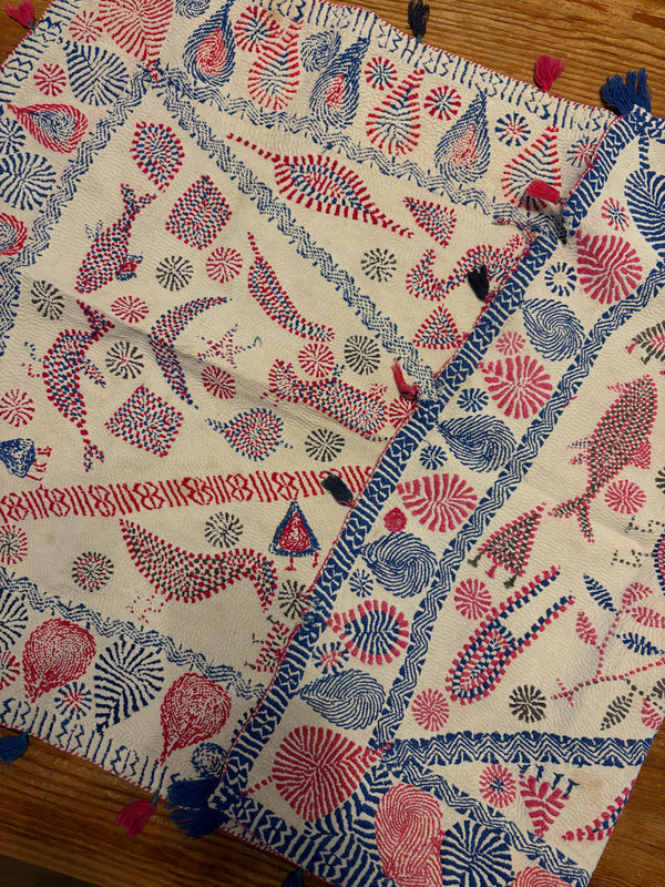 Vintage Kantha tekstil blå & rosa