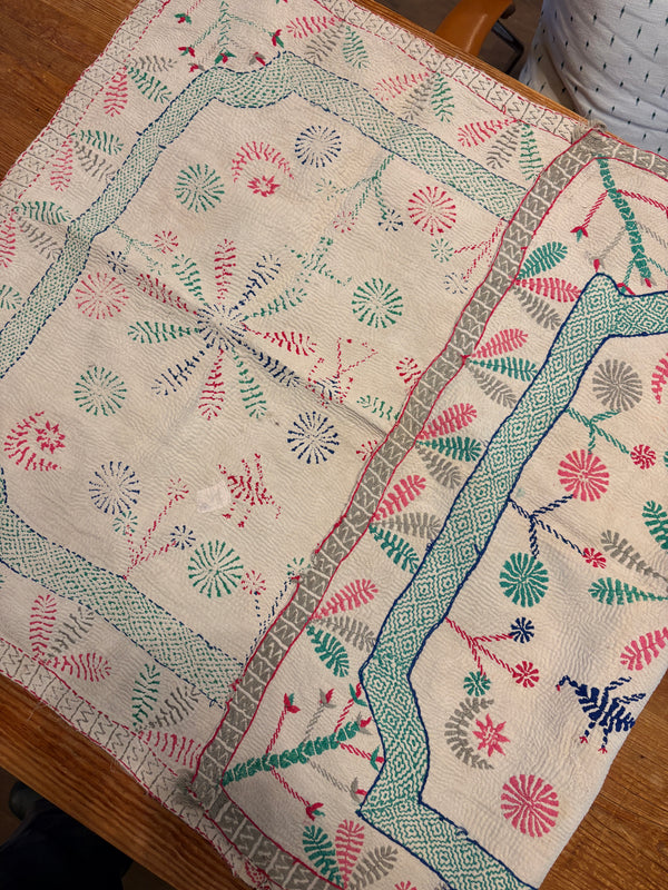 Vintage Kantha tekstil grønn & rosa