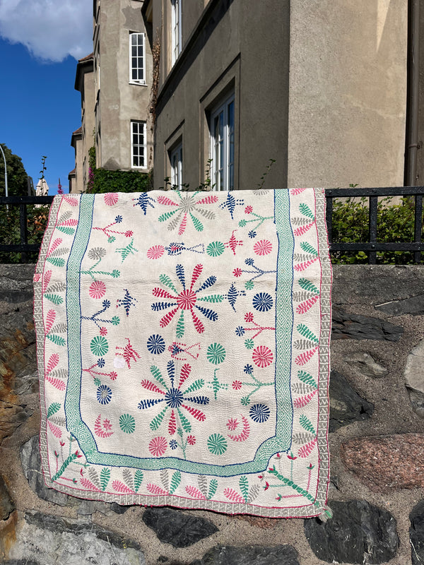 Vintage Kantha tekstil grønn & rosa