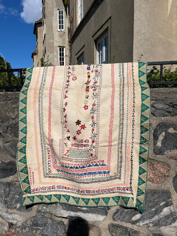 Vintage Kantha tekstil beige & grønn