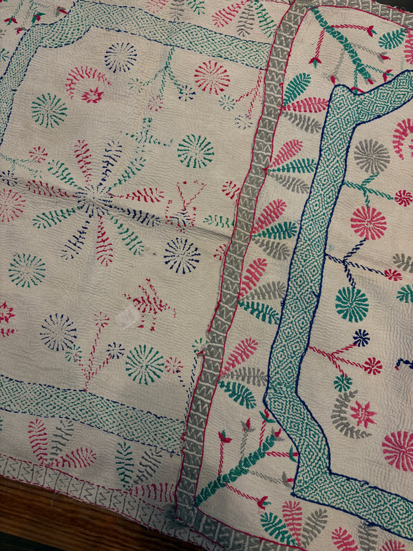 Vintage Kantha tekstil grønn & rosa