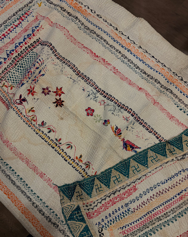 Vintage Kantha tekstil beige & grønn