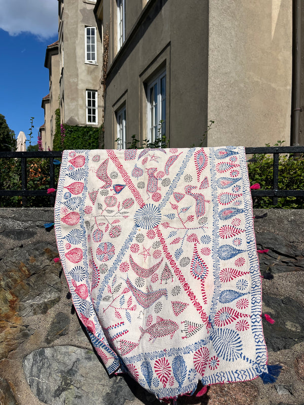 Vintage Kantha tekstil blå & rosa