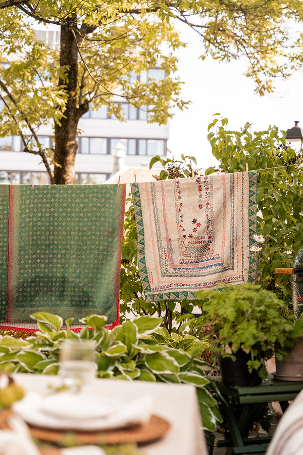 Vintage Kantha tekstil beige & grønn