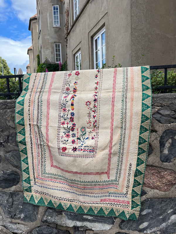 Vintage Kantha tekstil beige & grønn