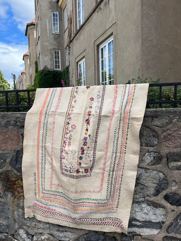Vintage Kantha tekstil beige & grønn
