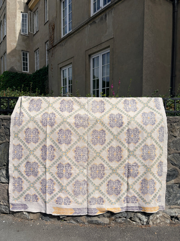 Vintage Kantha teppe Blå & Rosa blomster