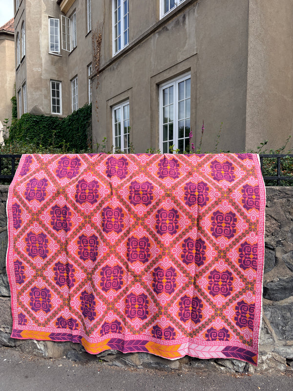 Vintage Kantha teppe Blå & Rosa blomster