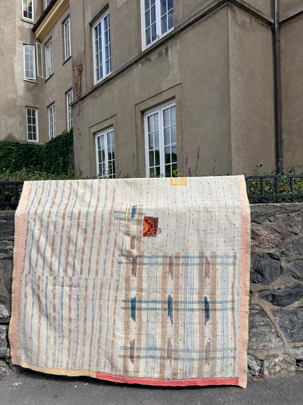 Vintage Kantha teppe Oker & Gråblå