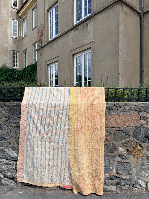 Vintage Kantha teppe Oker & Gråblå