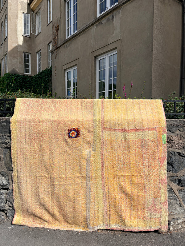 Vintage Kantha teppe Oker & Gråblå