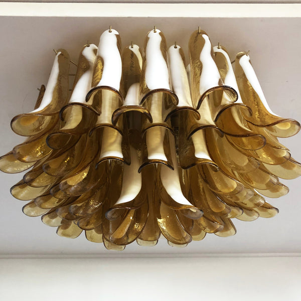 Murano ceiling lamp with 64 caramel lattimo glass petal