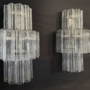 Pair of Murano Glass Tube Wall Sconces with 18 clear glass tube