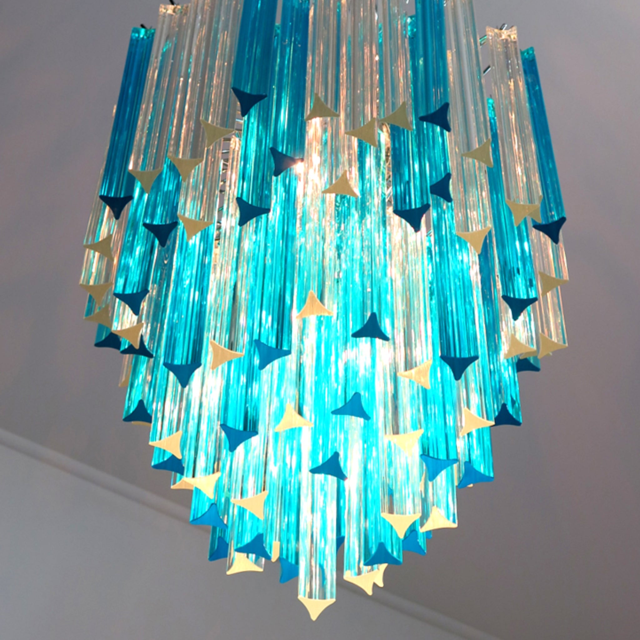 Murano chandelier triedri with 92 prism - trasparent and blue