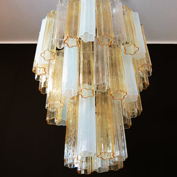 Large three-Tier Venini Murano Glass Tube Chandelier - amber opal silk and trasparent