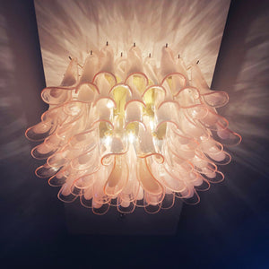 Murano ceiling lamp with 64 pink lattimo glass petal